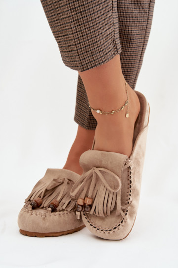 Chinelos femininos Mule com franjas I cor coralikami bege Belissa