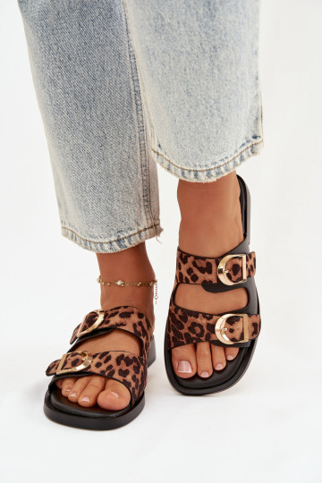 Chinelos femininos Ze cor douradami com fivelasmi com padrões de pele de leopardo preto e marrom Danelle 2