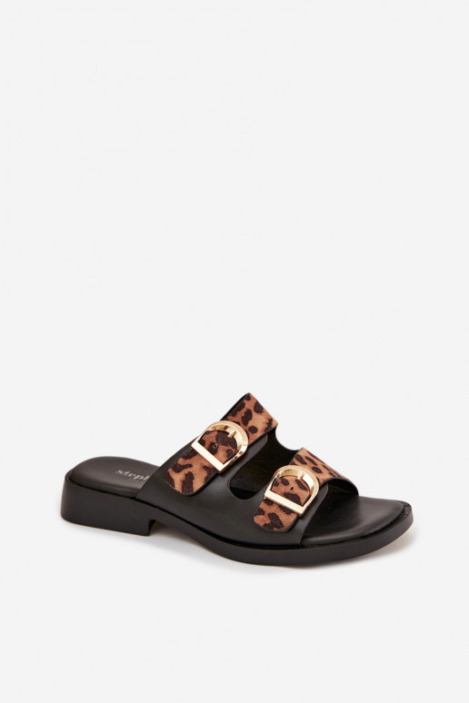 Chinelos femininos Ze cor douradami com fivelasmi com padrões de pele de leopardo preto e marrom Danelle