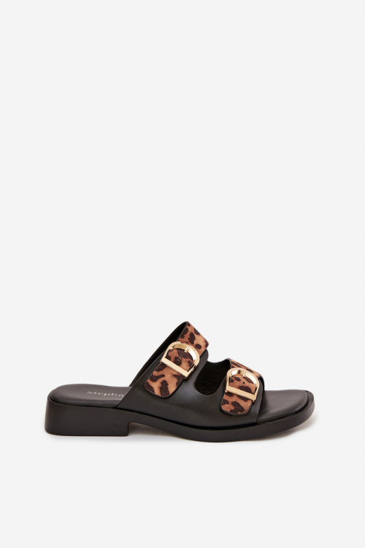 Chinelos femininos Ze cor douradami com fivelasmi com padrões de pele de leopardo preto e marrom Danelle