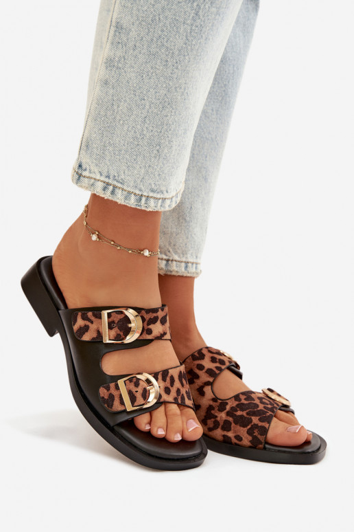 Chinelos femininos Ze cor douradami com fivelasmi com padrões de pele de leopardo preto e marrom Danelle