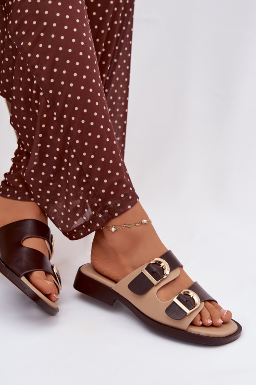 Chinelos femininos Ze cor douradami com fivelasmi bege-cor marrom Danelle