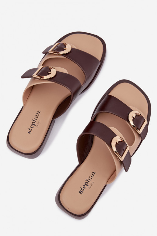 Chinelos femininos Ze cor douradami com fivelasmi bege-cor marrom Danelle