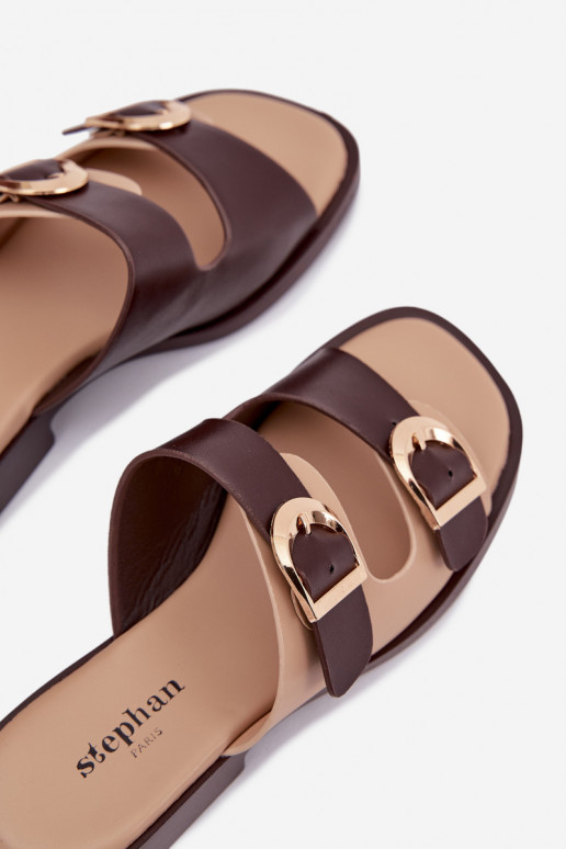 Chinelos femininos Ze cor douradami com fivelasmi bege-cor marrom Danelle