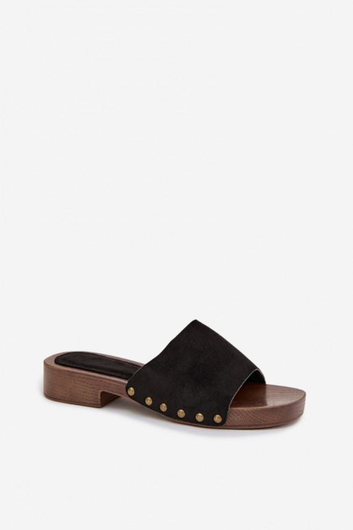 Chinelos femininos com salto largo Ze cor douradami Pregos cor preta Girella