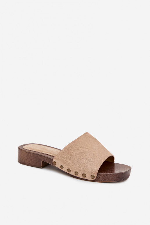 Chinelos femininos com salto largo Ze cor douradami Pregos bege Girella