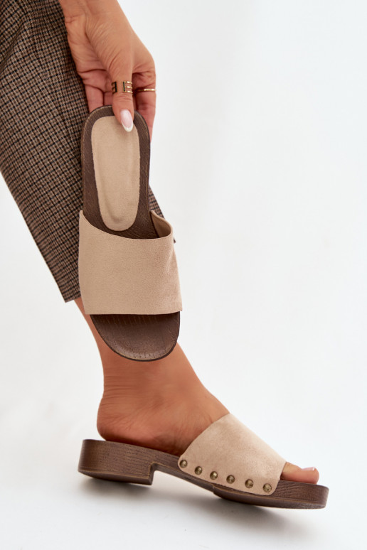 Chinelos femininos com salto largo Ze cor douradami Pregos bege Girella