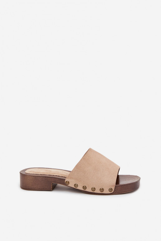 Chinelos femininos com salto largo Ze cor douradami Pregos bege Girella