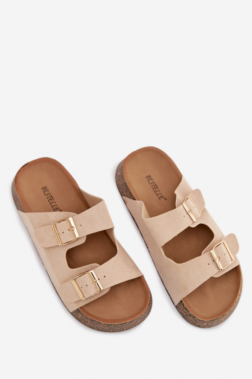 Chinelos femininos com uma plataforma Ze cor douradami com fivelasmi cor de marfim Tovessa