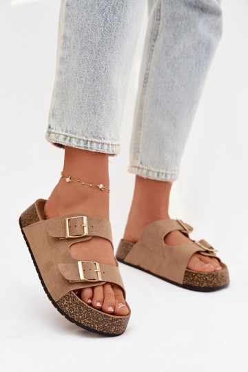 Chinelos femininos com uma plataforma Ze cor douradami com fivelasmi bege Tovessa 2