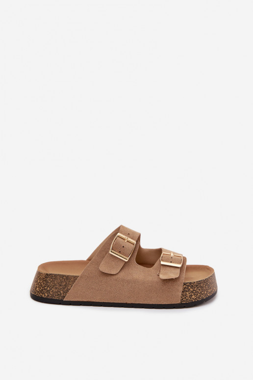 Chinelos femininos com uma plataforma Ze cor douradami com fivelasmi bege Tovessa