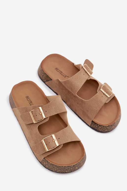 Chinelos femininos com uma plataforma Ze cor douradami com fivelasmi bege Tovessa