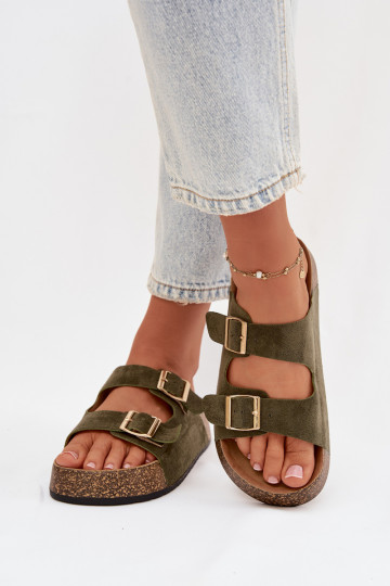 Chinelos femininos com uma plataforma Ze cor douradami com fivelasmi cor verde Tovessa 2