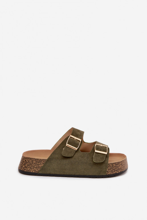 Chinelos femininos com uma plataforma Ze cor douradami com fivelasmi cor verde Tovessa