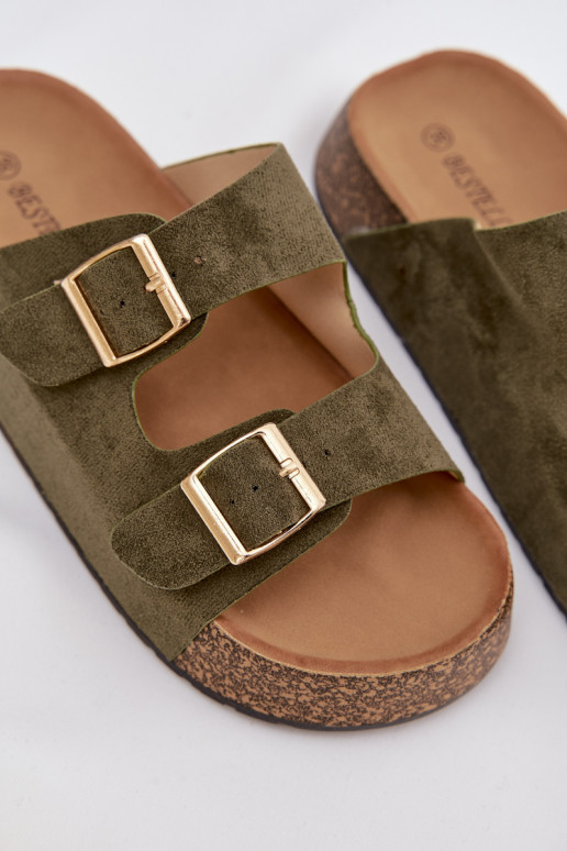 Chinelos femininos com uma plataforma Ze cor douradami com fivelasmi cor verde Tovessa