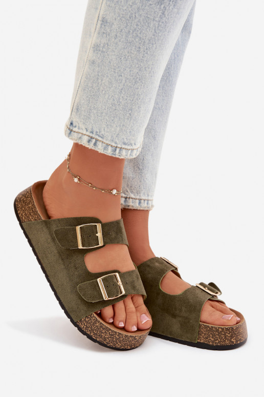 Chinelos femininos com uma plataforma Ze cor douradami com fivelasmi cor verde Tovessa