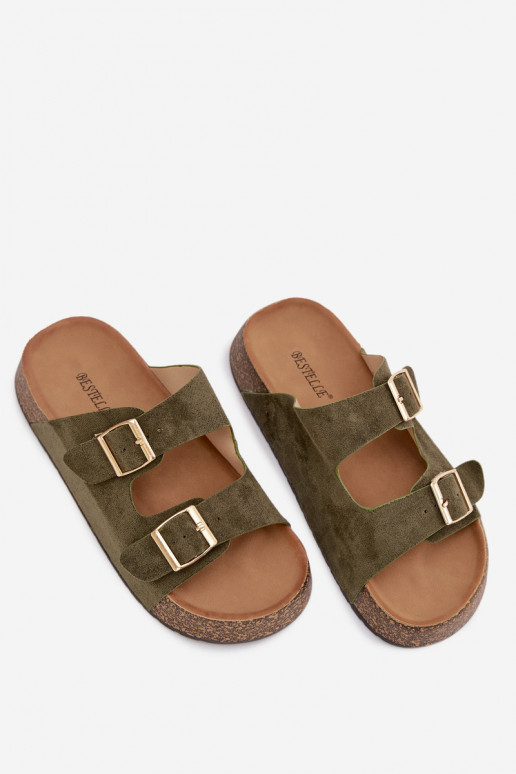 Chinelos femininos com uma plataforma Ze cor douradami com fivelasmi cor verde Tovessa