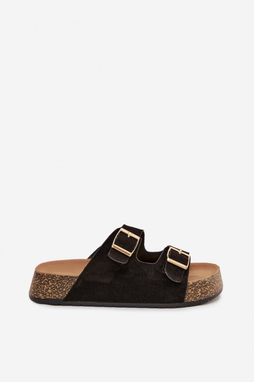 Chinelos femininos com uma plataforma Ze cor douradami com fivelasmi cor preta Tovessa