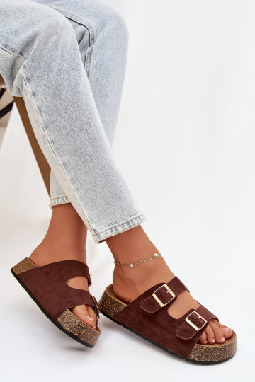 Chinelos femininos com uma plataforma Ze cor douradami com fivelasmi cor marrom Tovessa