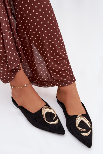 Chinelas femininas "Mule" pretas com detalhes dourados requintados Galvella