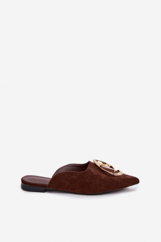 Chinelas femininas cor chocolate "Mule" com detalhes dourados requintados Galvella