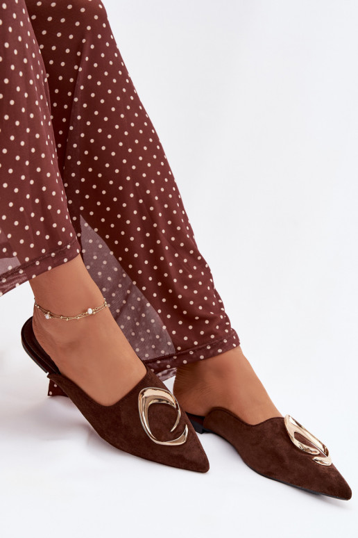 Chinelas femininas cor chocolate "Mule" com detalhes dourados requintados Galvella