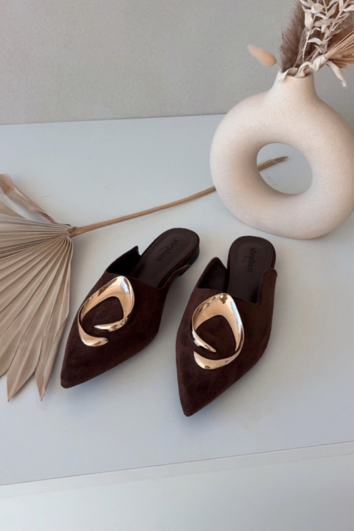 Chinelas femininas cor chocolate "Mule" com detalhes dourados requintados Galvella