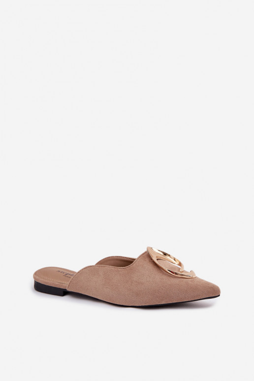 Chinelas femininas cor areia "Mule" com detalhes dourados requintados Galvella