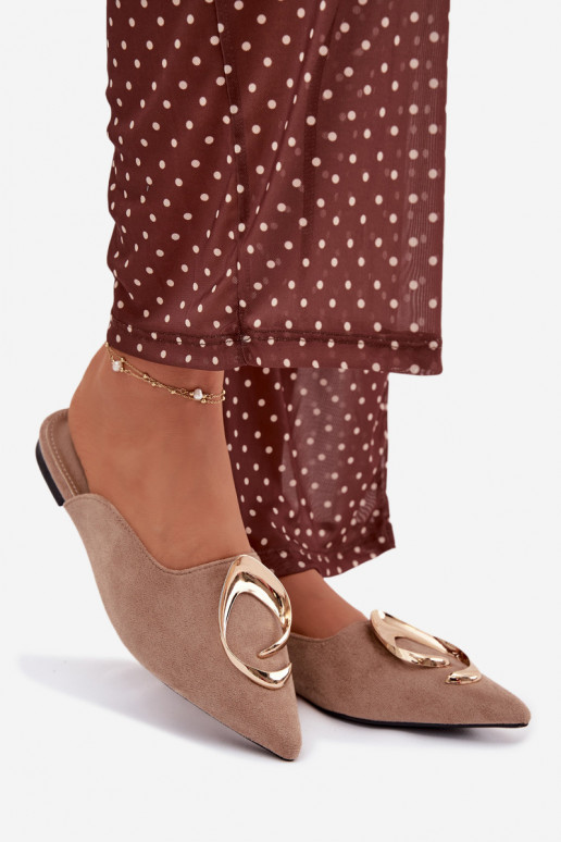 Chinelas femininas cor areia "Mule" com detalhes dourados requintados Galvella