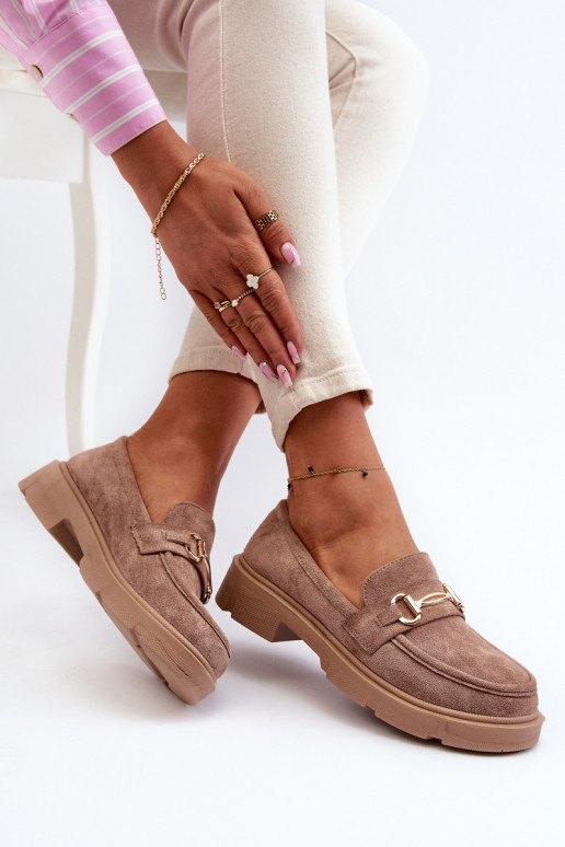 mocassins femininos com detalhes dourados de camurça ecológicaoParae cor marrom Lighas