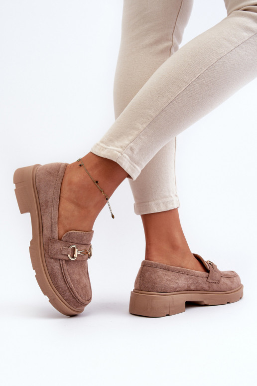 mocassins femininos com detalhes dourados de camurça ecológicaoParae cor marrom Lighas