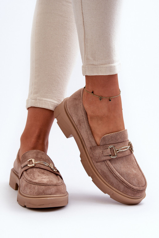 mocassins femininos com detalhes dourados de camurça ecológicaoParae cor marrom Lighas