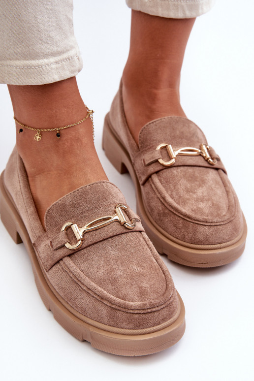 mocassins femininos com detalhes dourados de camurça ecológicaoParae cor marrom Lighas