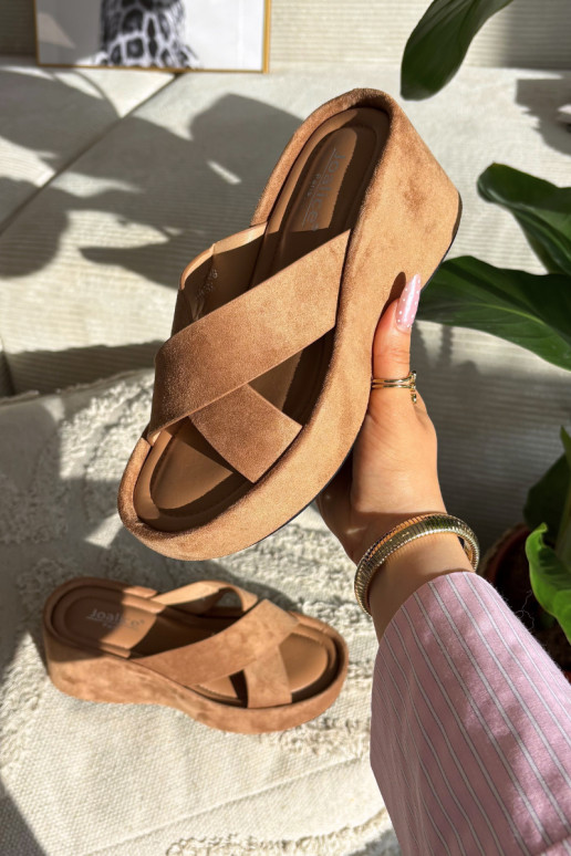 Calorine chinelos femininos em plataforma de camurça sintética marrons