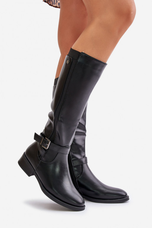 Feminino aquecimento botas com salto largo com fivelas douradas cor preta Arsisna
