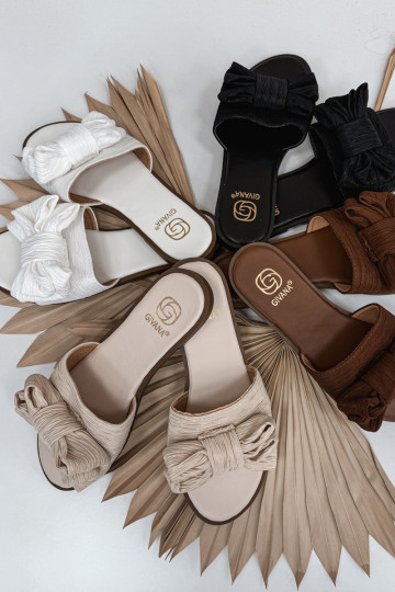 Chinelos femininos com salto largo com fitas bege Amivelle 2