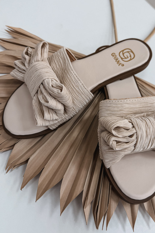 Chinelos femininos com salto largo com fitas bege Amivelle