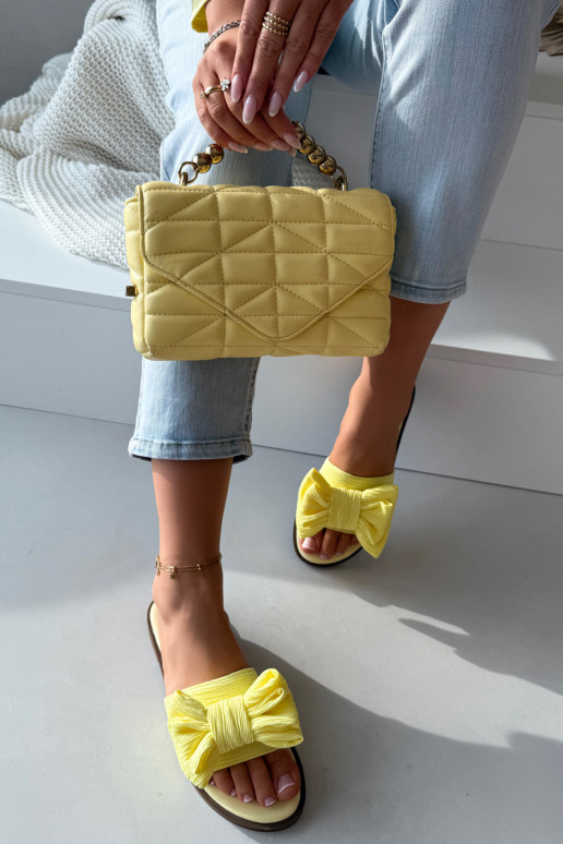 Chinelos femininos com salto largo com fitas cor amarela Amivelle