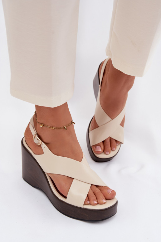 Sandálias femininas de couro ecológico Habilitado coturnoie bege Janivra