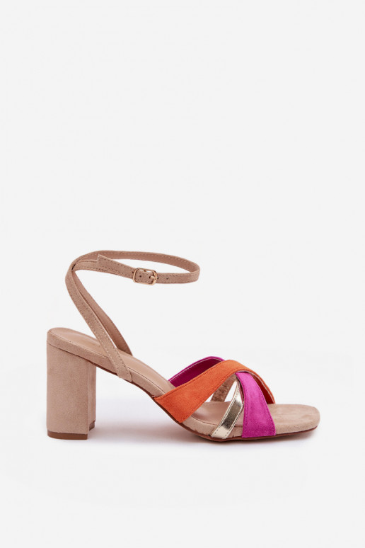 Sandálias femininas de salto alto com listras de camurça ecológicaoParae bege Karilora