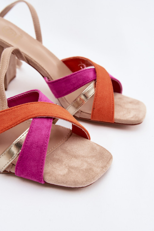 Sandálias femininas de salto alto com listras de camurça ecológicaoParae bege Karilora