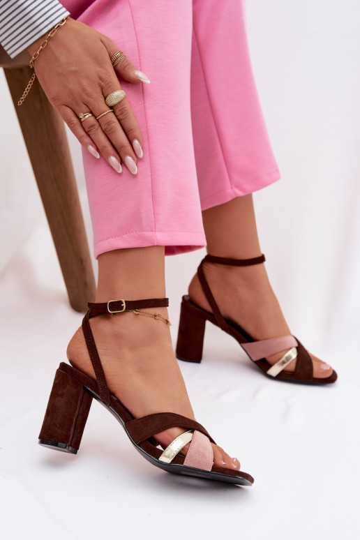 Sandálias femininas de salto alto com listras de camurça ecológicaoParae CzekoladoParae Karilora