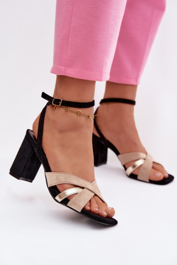 Sandálias femininas de salto alto com listras de camurça ecológicaoParae cor preta Karilora 2