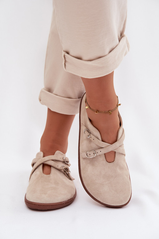 Pele de camurça sapato Barefoot Feminino com listras Zazoo N1271 cor de marfim