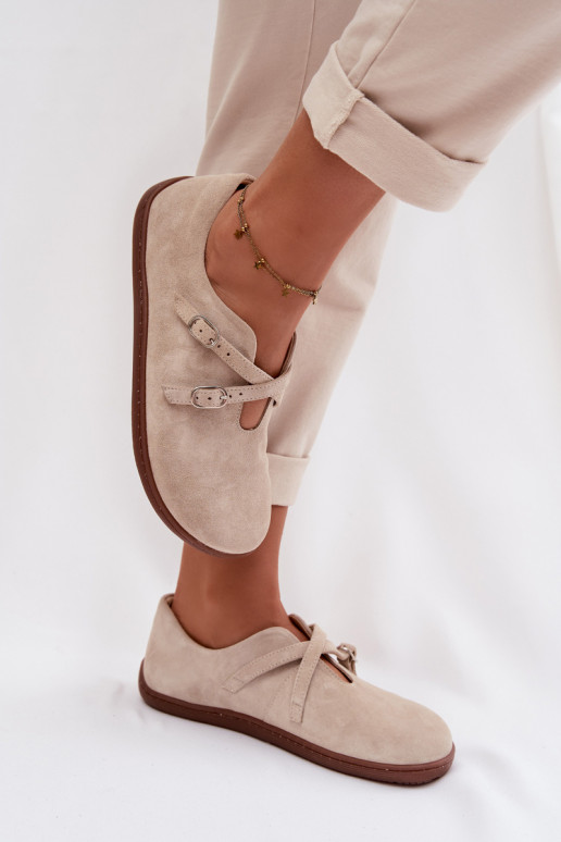 Pele de camurça sapato Barefoot Feminino com listras Zazoo N1271 cor de marfim