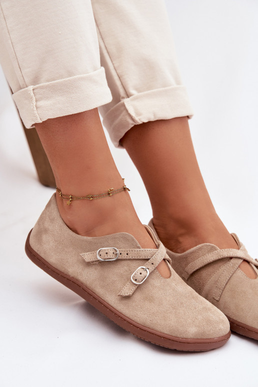 Pele de camurça sapato Barefoot Feminino com listras Zazoo N1271 bege