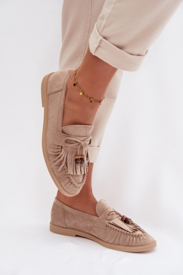 mocassins femininos com franjas I cor coralikami bege Teressa