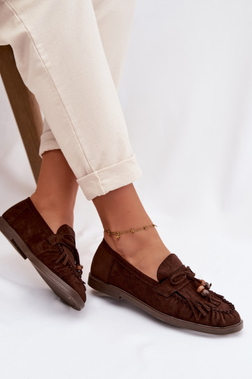 Mocassins femininos com franjas, cor coral-chocolate, Teressa