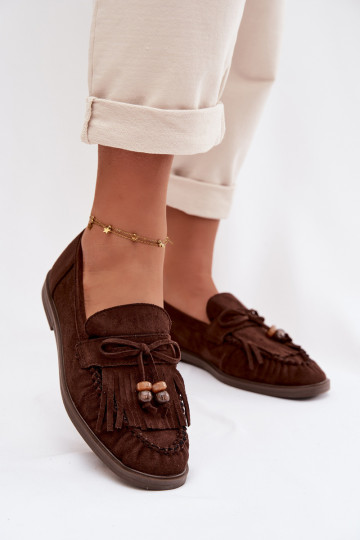 Mocassins femininos com franjas, cor coral-chocolate, Teressa 2