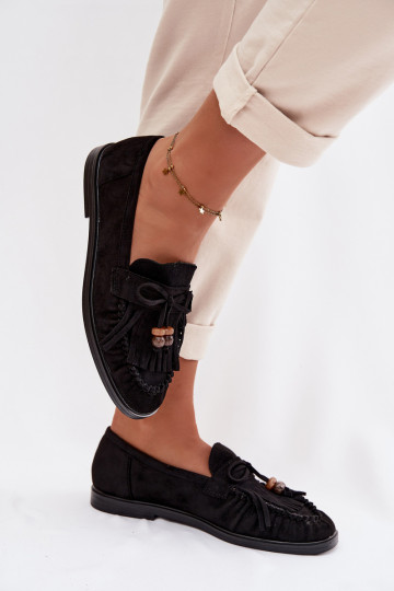 Mocassins femininos com franjas, cor coral-preta, Teressa